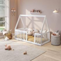 Mini Cama Montessoriana Giulia Madeira Maciça com Grade e Telhado Branco - Casatema