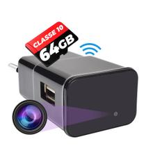 Mini Camera de Segurança Z15 Wifi Escondida em Formato de Carregador Tomada Full hd + Cartão de 64gb