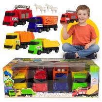 Mini Caminhões Brinquedo Barato Kit 4 em 1 Carreta Menino Caçamba Bombeiro