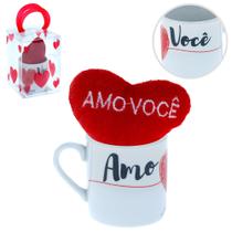 Mini Caneca De Cerâmica Amo Você Com Coração De Pelúcia 80ml Com Caixinha