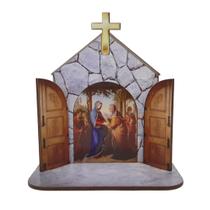 Mini Capela Oratório Display Enfeite de Mesa Nossa Senhora da Visitação 12cm Mdf Madeira