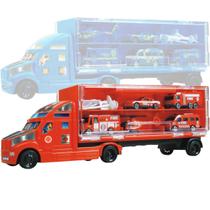 Mini Carreta Braskit Com 4 Carrinhos 1 Helicóptero - Caminhão Cegonha Maleta Com Alça Para Transporte