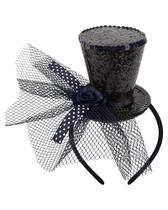 Mini cartola Bniksok de lantejoulas pretas com véu na faixa de cabeça feminina Mini cartola Bniksok de lantejoulas pretas com véu na faixa de cabeça feminina