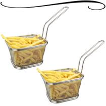 Mini Cesto De Fritura Quadrado 2un Para Servir Porções Batatas Petiscos Com Cabo Em Aço Inox