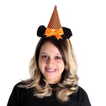 Mini Chapéu Bruxa Listrado Halloween com Tiara e Laço