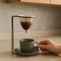 Mini Coador de Café Individual com Suporte e Xícara Plástica Cinza