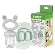 Mini combinação Haakaa Freeze-N-Fed com comedouro de silicone para alimentos e mini bandeja de silicone para petiscos Alimentador automático de alimentos sólidos para bebês Armazenamento de moldes para picolé de leite materno e alimentador para acalmar as gengivas do bebê, 1 pacote