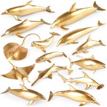 Mini conjunto de estatuetas de animais dourados do oceano, 14 unidades com golfinho Mini conjunto de estatuetas de animais dourados do oceano, 14 unidades com golfinho