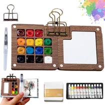 Mini conjunto portátil de pintura aquarela com 12 cores e 15 compartimentos