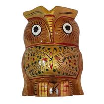 Mini Coruja De Madeira Suar Pintada 10Cm