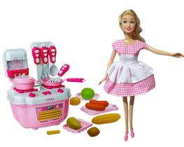 Mini Cozinha Completa Brinquedo Infantil Com Boneca 21 Peças - Rosa - Mm2