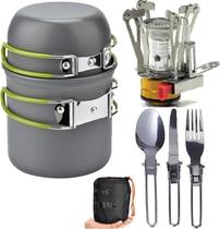 Mini Fogareiro + Conjunto Panela Camping 2 Peças+ Talheres