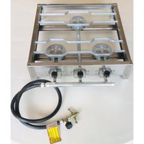 Mini Fogareiro Fogão de 3 Três Bocas Estrutura em Inox Quadrado 42cm Camping Acampamento