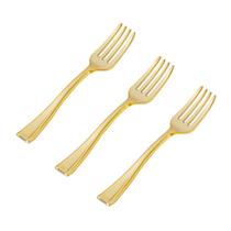 Mini garfos de plástico descartáveis N9R 200 unidades douradas 10 cm