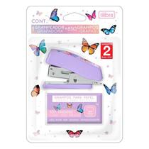 Mini Grampeador Borboleta com Extrator e Grampos 12 Folhas Roxo - Tilibra