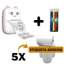 Mini Impressora Térmica Portátil Gatinho + 5 Rolos Adesivos + 1 Kit Canetinhas Coloridas