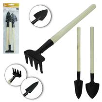 Mini Kit Jardim 3 Peças Pá Larga Pá Estreita Rastelo Madeira