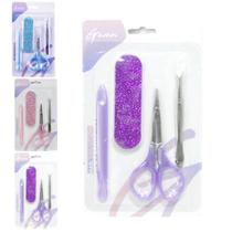 Mini Kit Manicure 4 Peças Lixa Tesoura Afastador e Pinça