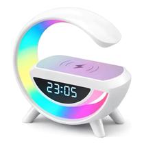 Mini Luminária G LED RGB com Despertador Carregador Sem Fio, Relógio Digital e Caixa de Som Bluetooth
