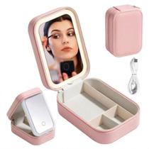 Mini Maleta De Maquiagem Com Espelho Led Recarregável Usb - Rosa