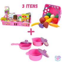 Mini mercado + cestinha frutas e legumes comida infantil e panelinhas - Pica Pau e Master toy