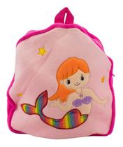 Mini Mochila Infantil Rosa Sereia Pelúcia 31x28cm