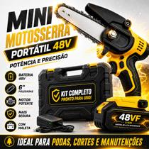 Mini Motosserra Elétrica 48V Sem Fio Portátil Bateria Lítio Recarregável 6 Polegadas Bivolt com Maleta Galhos Madeira Bambu Carpintaria Jardinagem