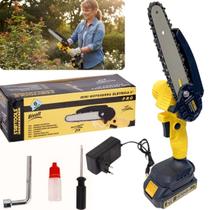 Mini Motosserra Elétrica 6 Polegadas Kit Bateria Recarregável Bivolt Portátil Jardim e Poda Galhos 21V Mini Motosserra Elétrica 6 Polegadas Kit Bateria Recarregável Bivolt Portátil Jardim e Poda Galhos 21V