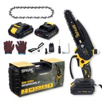 Mini Motosserra Elétrica SparkBR 6 Recarregável 21V 2 Baterias Maleta Corrente Extra Lubrificação LED Indicador Trava Segurança Acessórios