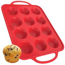 Mini Muffin Pan BAKE BOSS Silicone, 12 xícaras com alças vermelhas