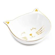 Mini Prato Gato Cerâmica Decorativo Branco/Dourado 13CM 08698