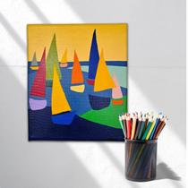 Mini Quadro Minimalista Acrílico Pintado a Mão para Decoração Os Barcos