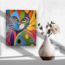 Mini Quadro Top com gatinho colorido pintado a mão para decoração medindo 30x25x2cm