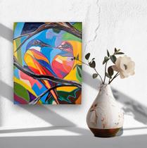 Mini Quadro Top decorativo pintado a mão com 2 Pássaros coloridos 30x25cm