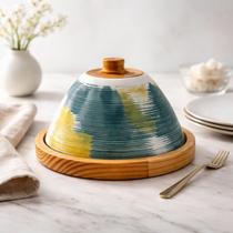 Mini Queijeira Colorida Porta Doces Cloche Cerâmica Madeira