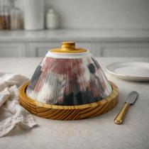 Mini Queijeira Porta Doce Cloche Cerâmica Madeira Pinus Rosé