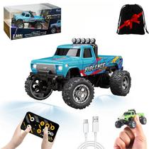 Mini RC Monster Truck, escala 1/64, com luzes, controle remoto, azul