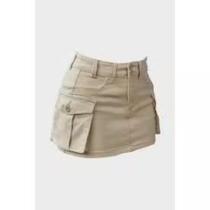 Mini Saia Cargo Bege Sarja Feminina Cintura Alta Blogueira Moda Gringa Com Bolso Lateral