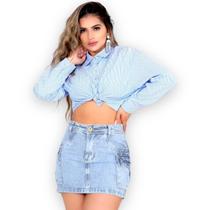 Mini Saia Cargo Jeans Feminina Cintura Alta Bolsos Lateral Mini Saia Cargo Jeans Feminina Cintura Alta Bolsos Lateral