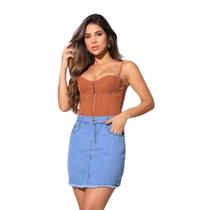 Mini Saia feminina Jeans Cintura Alta barra desfiada