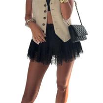 Mini saia fofa Fairy Mesh Floral Race Ruffle preta para mulheres