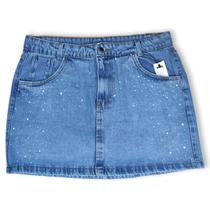 Mini Saia Jeans Feminina Com Pedrinhas de Brilhantes Lateral Cintura Alta Sem Lycra Empina Bumbum 38 ao 46