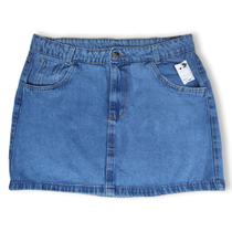 Mini Saia Jeans Feminina Plus Size Sem Lycra Tamanho Grande 48 ao 56 Cintura Alta Básica Lavagem Azul Com Bolsos