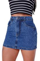 Mini Saia Jeans Strass Aplicação Moda Feminina