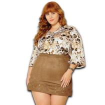 Mini Saia Suede com Zíper na Lateral Cintura Média c/Ilhós Barra Plus Size