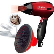 Mini Secador De Cabelo Mondial 1200w Ion Dobrável Viagem Vermelho Sm13 Bivolt Difusor Cachos Espelho De Aumento Led