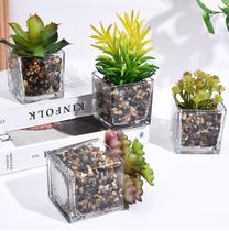 Mini Suculenta Artificial Vaso De Vidro c/ Pedras Plantas Artificiais