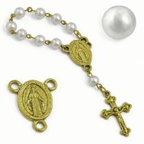 Mini Terço 5mm Pérola Branco Dourado Terço de Dedo