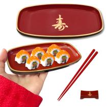 Mini Tigela Prato Oval para Sushi 17cm + Hashioki e Par de Hashi Vermelho Nihon Shikko