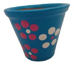 Mini Vaso Barro Cerâmica Azul Pintado A Mão Decoração